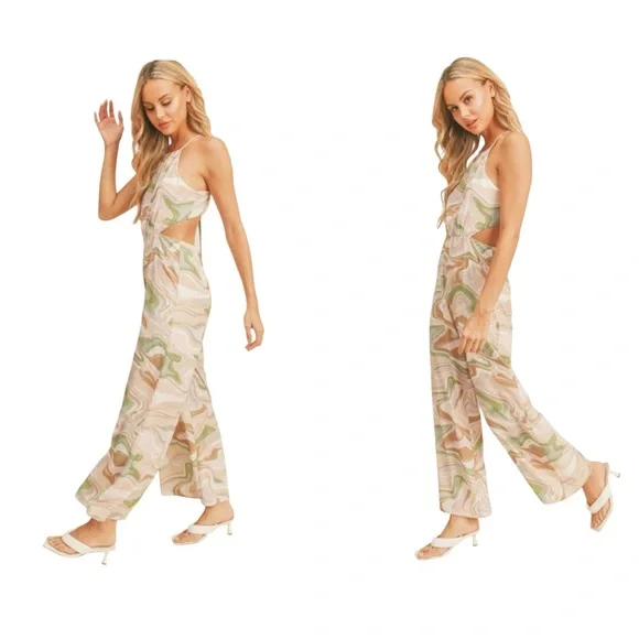 Lush Brown and Green Swirl Print Halter Open Back Jumpsuit in Strawberry Matcha - Picture 15 of 16